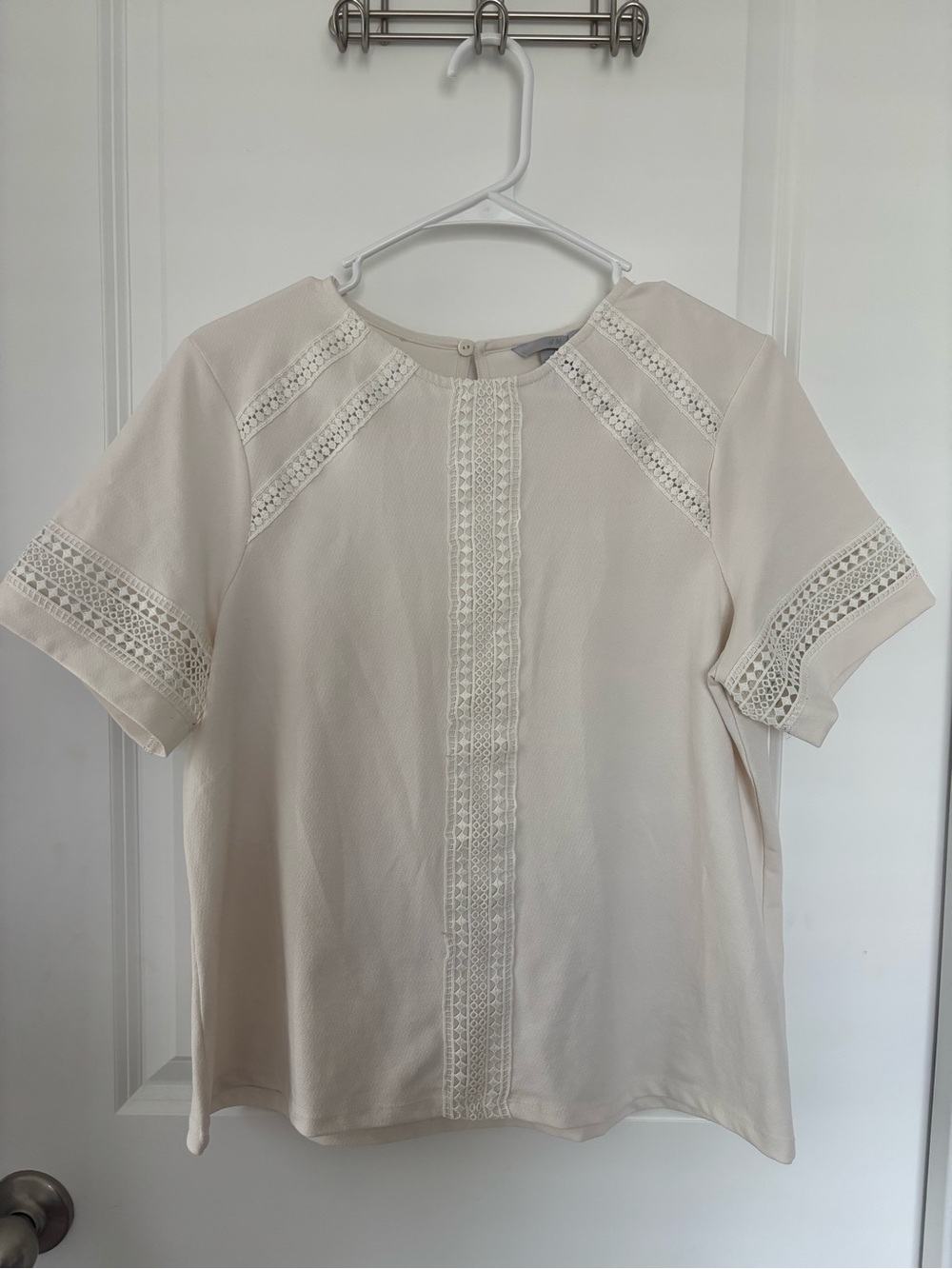H&M Cream Lace-Panel Short Sleeve Blouse